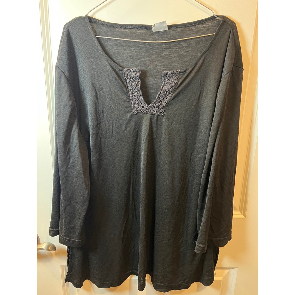 Giorgio Fiorlini Womens Top Crochet Trim V-Neck Slub Knit Black Plus Size